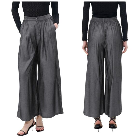 S.deer Pants - S.Deer Airy Elastic Waist Wide-Leg Chambray Dark Blue Pleated Front Trousers XXL